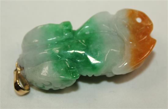 A Chinese three colour jadeite toad and cash pendant, 4.2cm